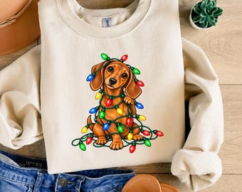 Dachshund Christmas Shirt, Christmas Dog Sweatshirt, Wiener Dog Holiday Tee, Dachshund Mom Gift, Christmas Lights Dog Shirt