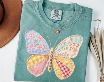 Comfort Colors® Faux Patchwork Butterfly Shirt, Spring Butterfly Shirts, Easter Shirts for Women, Floral Spring Patchwork, Gifts for Her