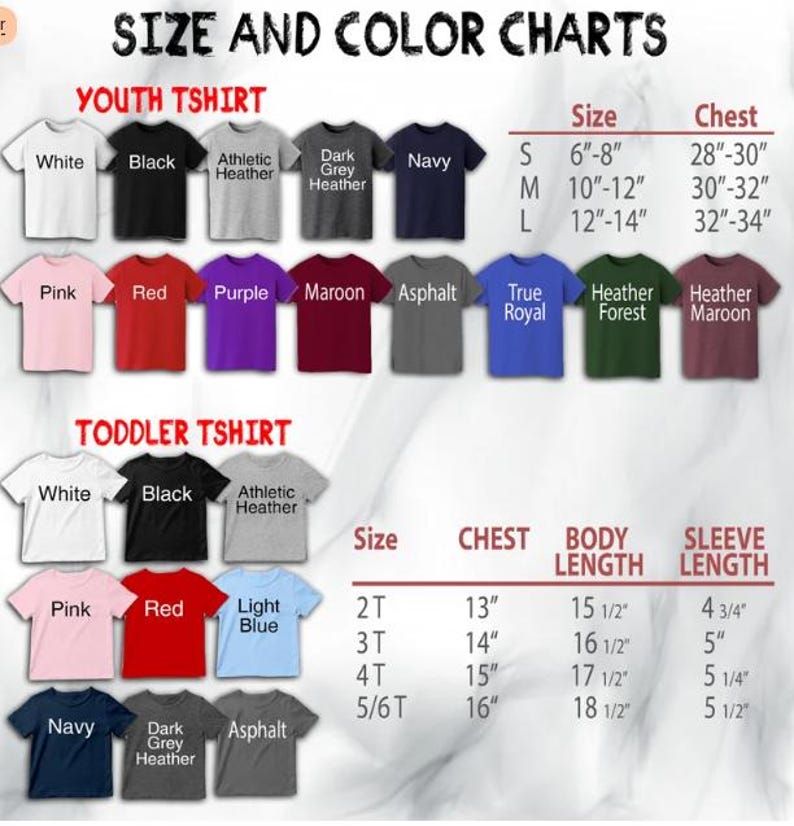 Puede incluir: Una tabla de tallas y colores para camisetas juveniles y para ni&ntilde;os peque&ntilde;os. La tabla muestra varios colores, incluyendo blanco, negro, rosa, rojo y azul marino. Las medidas se proporcionan en pulgadas para el pecho, largo del cuerpo y largo de la manga.