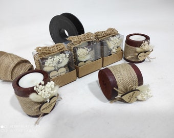 Rustic Wedding Favor Candle | Personalized Tealight Holder, Dried Flowers