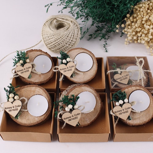 Bulk Wedding Rustic Wood Slice Candle Favors, Dried Flowers, Jute Rope, Bridal Shower Gift