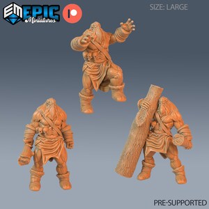 May include: Three 3D printed miniatures of a large, bearded, muscular figure in a kilt. The figure is shown in three poses: standing, holding a log, and with arms raised. The miniatures are pre-supported and ready to be printed.
