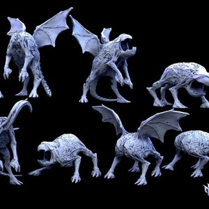 May include: A set of nine detailed, gray, 3D printed miniature figures of a creature with a large mouth, wings, and multiple legs. The figures are posed in various positions, showcasing the creature's anatomy.