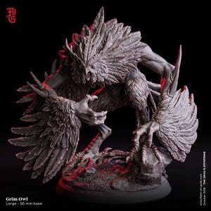 May include: A detailed, gray Grim Owl figurine with feathered wings and a fierce expression. The sculpture is on a 50 mm base, with text that reads "Grim Owl" and "October 2025 - THE DEVIL'S OFFSPRING". The figure has sharp claws and a menacing pose.