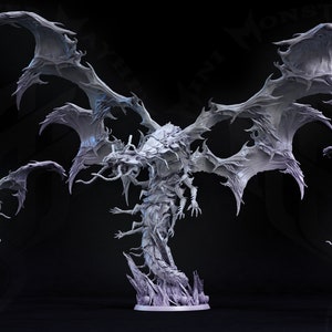 May include: A 3D printed model of a monstrous creature with wings, a long, thin body, and a head with sharp teeth. The creature is posed in three different positions, showing its wings spread wide, its head tilted back, and its body curled up.