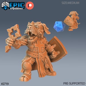 K&ouml;nnte beinhalten: Eine 3D-gedruckte Miniatur eines hundeartigen Wesens, das eine R&uuml;stung tr&auml;gt und einen Schild und eine Waffe h&auml;lt. Die Miniatur ist braun und hat ein detailliertes Design. Die Miniatur ist vorab unterst&uuml;tzt und Teil eines Sets von Miniaturen.