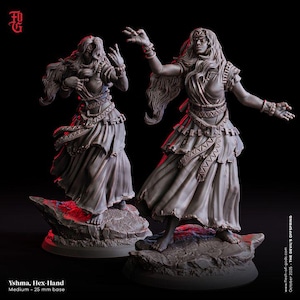 May include: Two gray fantasy figurines of a woman in a flowing dress, standing on a rock base. The figures have long hair and are adorned with bracelets and a headpiece. The text "Yshma, Hex-Hand" and "Medium - 25 mm base" is visible.