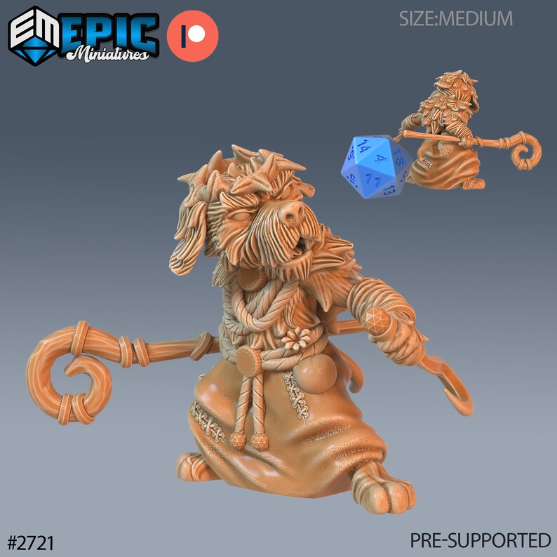 K&ouml;nnte beinhalten: Eine 3D-gedruckte Miniatur eines hundeartigen Wesens, das eine Robe tr&auml;gt und einen Stab h&auml;lt. Das Wesen hat einen grimmigen Ausdruck und wirkt einen Zauber. Die Miniatur ist in hellbraun bemalt und f&uuml;r den 3D-Druck vorger&uuml;stet. Die Miniatur ist mit #2721 gekennzeichnet und Teil der Epic Miniatures-Kollektion.