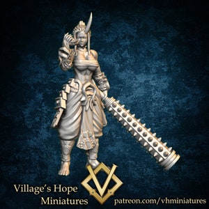 May include: A gray 3D printed miniature of a female warrior with a horned headdress, holding a spiked club. She is wearing a skirt and armor. The miniature is set against a blue background.
