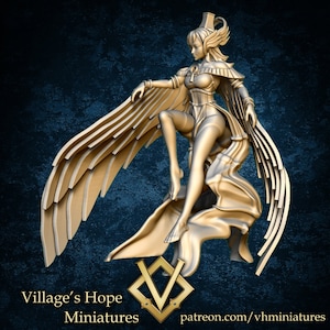 May include: A gold-colored figurine of a winged woman with a crown and flowing robes. The figure is posed with one leg raised and the wings spread out. The figurine is a 3D printed miniature.