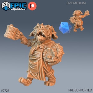 K&ouml;nnte beinhalten: Eine 3D-gedruckte Miniatur eines pelzigen, hundeartigen Wesens, das eine Tasse und eine M&uuml;nze h&auml;lt. Das Wesen tr&auml;gt eine braune Tunika mit einem geflickten Design. Die Miniatur ist vorab unterst&uuml;tzt und Teil eines Sets von Fantasy-Miniaturen.