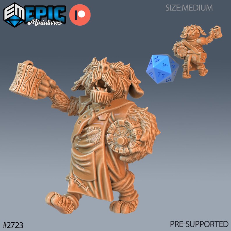 K&ouml;nnte beinhalten: Eine 3D-gedruckte Miniatur eines pelzigen, hundeartigen Wesens, das eine Tasse und eine M&uuml;nze h&auml;lt. Das Wesen tr&auml;gt eine braune Tunika mit einem geflickten Design. Die Miniatur ist vorab unterst&uuml;tzt und Teil eines Sets von Fantasy-Miniaturen.