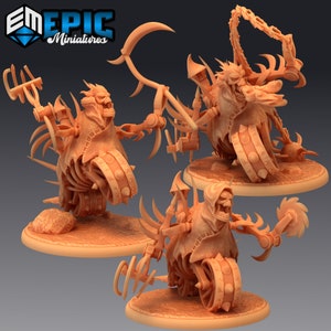 May include: Three 3D printed miniature figures of skeletal creatures riding skeletal, wheeled contraptions. Each figure is posed in a different action, with one holding a scythe, another holding a chain, and the third holding a saw. The figures are painted in a light brown color.