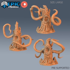 May include: A 3D printed miniature of a monstrous tree creature with a large eye and gaping maw. The creature has multiple tentacles and is posed in a menacing stance. The miniature is labeled "PRE-SUPPORTED" and "SIZE: LARGE".