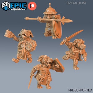 K&ouml;nnte beinhalten: Vier 3D-gedruckte Miniaturfiguren von hundeartigen Kreaturen in verschiedenen Posen. Eine Figur h&auml;lt eine Tasse, eine andere h&auml;lt einen Schild und ein Schwert, eine weitere h&auml;lt eine Lanze und einen Schild, und die letzte Figur h&auml;lt ein Schwert und einen Schild. Die Figuren sind vorab unterst&uuml;tzt und mittelgro&szlig;.