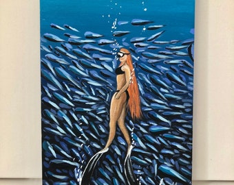 underwater swimming diving woman acrylic painting decor