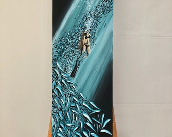 underwater swimming woman fish acrylic painting decor