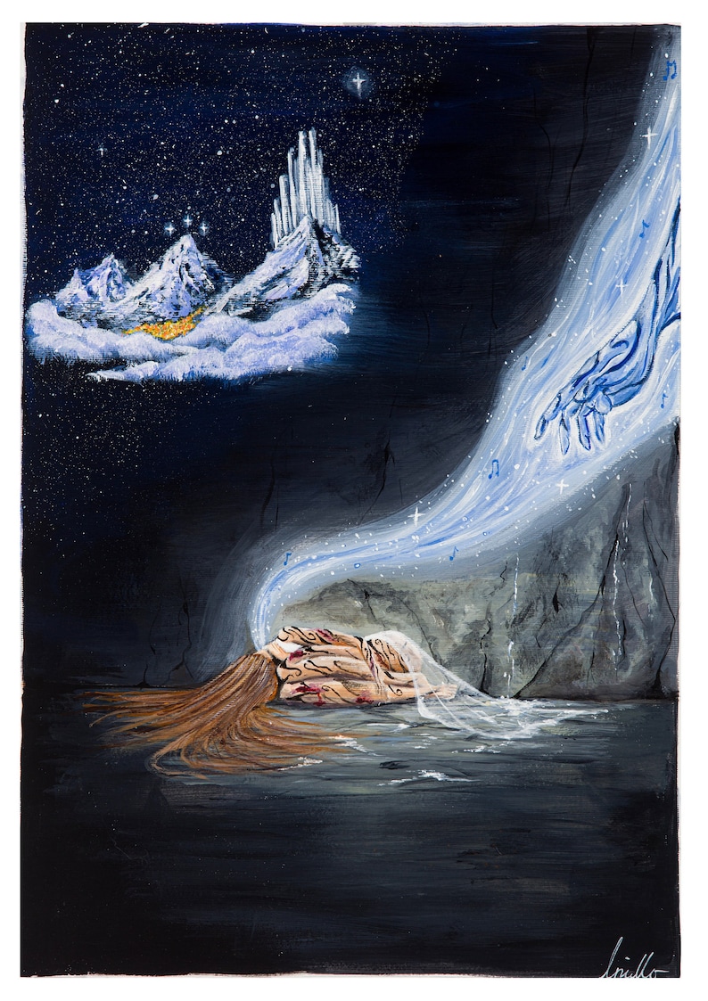 May include: A painting of a woman lying on a rocky surface with a hand reaching down from a swirling blue cloud. The hand is surrounded by musical notes. The woman has long brown hair and is wearing a white dress. The background is a dark blue sky with stars and a distant snowy mountain range.