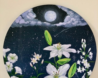 Floral nighttime moon acrylic painting decor