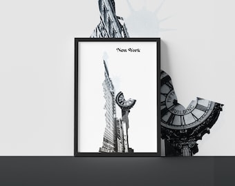 Impression double exposition New York, art mural rétro Statue de la liberté, collage architecture brutaliste