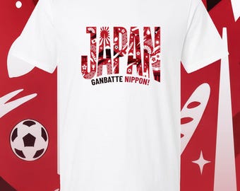 T-shirt graphique japonais, vêtements bleu samouraï pour fan de football, Ganbatte Nippon !