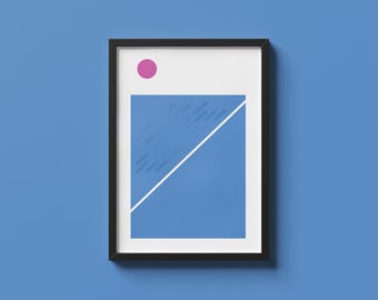 Impression géométrique abstraite du coucher du soleil, affiche du milieu du siècle bleu rose Bauhaus