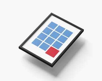 Art abstrait de la grille, affiche bleu rouge moderne du milieu du siècle, oeuvre d'art brutaliste de conception graphique suisse