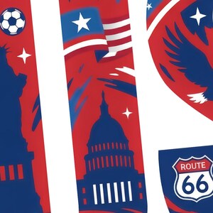 May include: A red, white, and blue graphic design featuring the Statue of Liberty, the U.S. Capitol building, a soccer ball, a waving flag, and a Route 66 shield sign. The artwork uses bold patriotic colors and stylized silhouettes to depict iconic American landmarks and symbols.