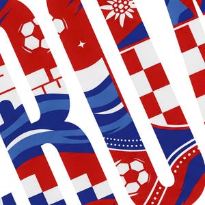 May include: A graphic design featuring large, bold letters filled with a red, white, and blue pattern. The design includes soccer ball icons, a white edelweiss flower, and a red and white checkered pattern reminiscent of a national flag design.