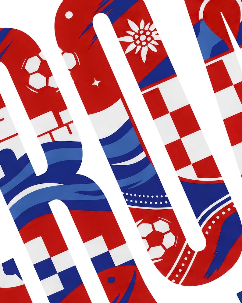 May include: A graphic design featuring large, bold letters filled with a red, white, and blue pattern. The design includes soccer ball icons, a white edelweiss flower, and a red and white checkered pattern reminiscent of a national flag design.