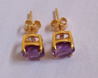 Gold Polished Amethyst Earrings~.925 Sterling Silver Setting~7mm Round Cut~Genuine Natural Mined