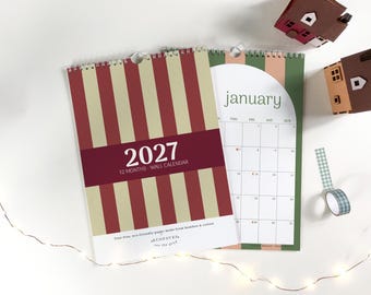 2027 Striped Wall Calendar, Minimalist Colourful Planner, Tree-Free Bamboo & Cotton Paper, A4