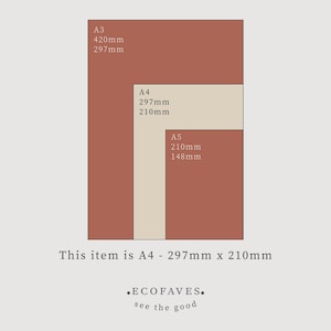 May include: A diagram showing the sizes of A3, A4, and A5 paper. The A4 size is highlighted with dimensions of 297mm x 210mm. The image has a neutral color palette with text that reads "This item is A4 - 297mm x 210mm."