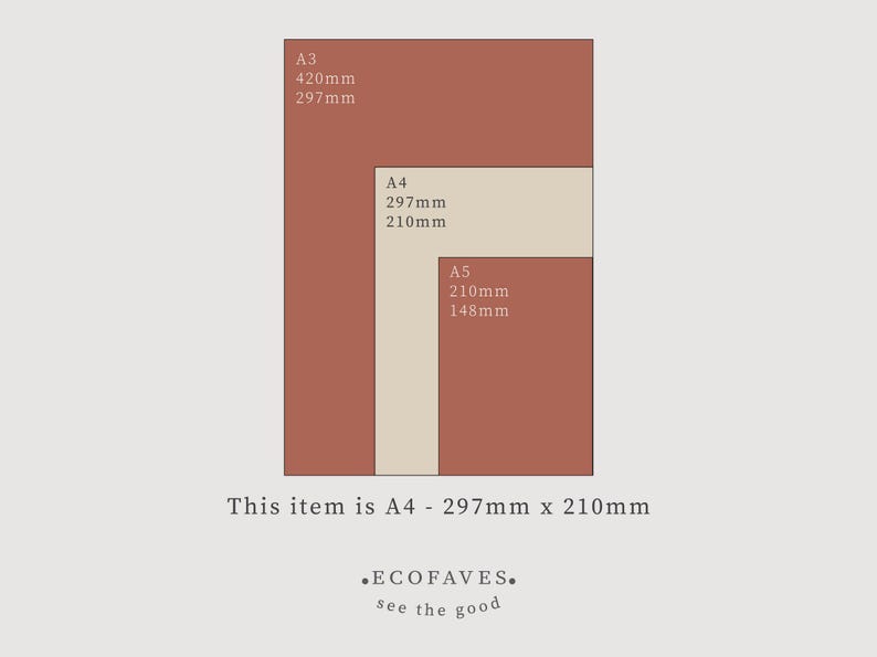 May include: A diagram showing the sizes of A3, A4, and A5 paper. The A4 size is highlighted with dimensions of 297mm x 210mm. The image has a neutral color palette with text that reads "This item is A4 - 297mm x 210mm."
