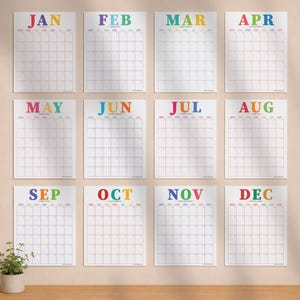 May include: A set of twelve monthly calendar pages arranged in a grid, each featuring a colorful month name at the top, such as JAN, FEB, MAR, APR, MAY, JUN, JUL, AUG, SEP, OCT, NOV, and DEC, with a standard grid layout for dates below each title.