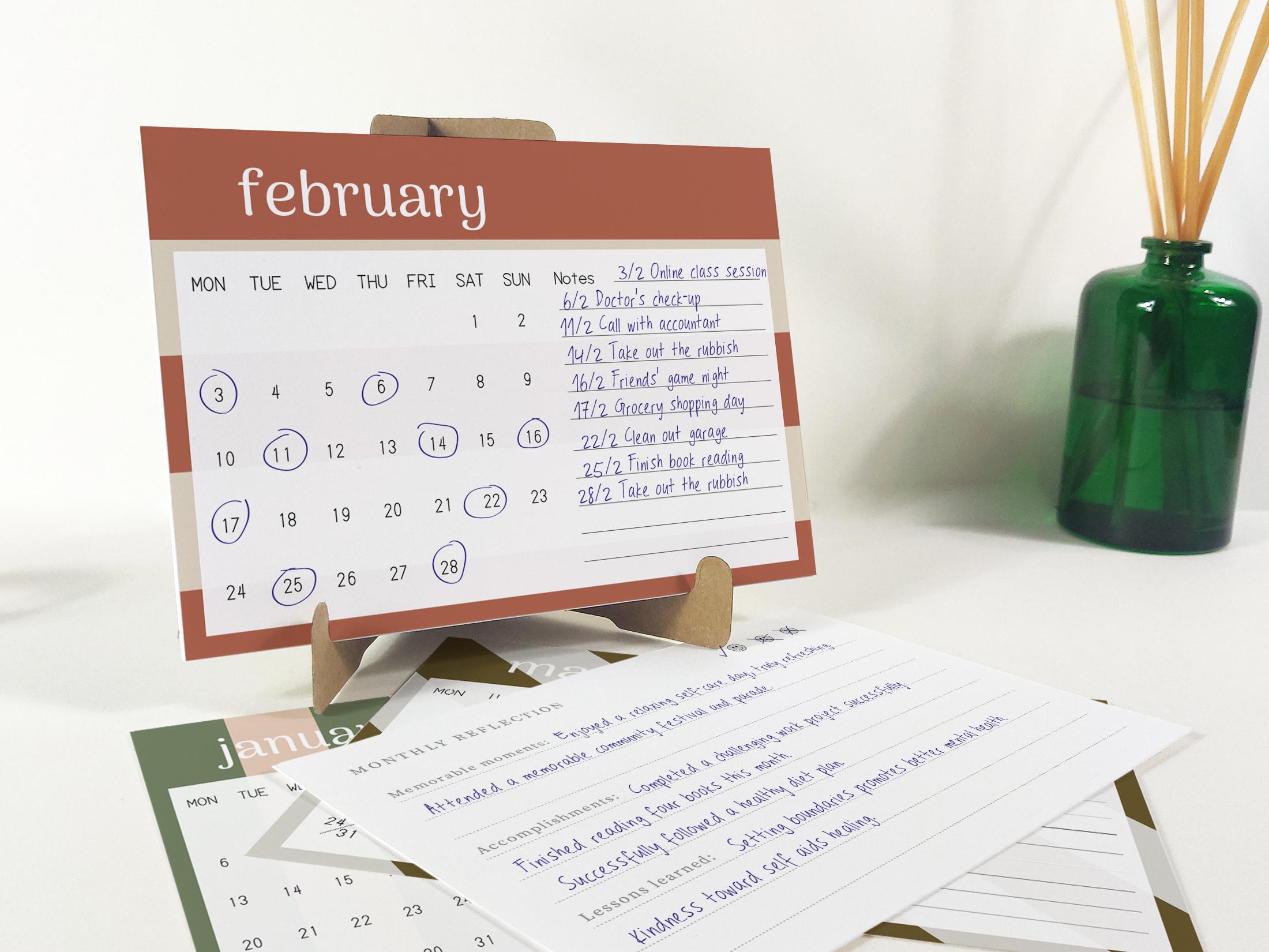 Tree-Free Bamboo & Cotton Desk Calendar | A6 Sustainable Planner | Monthly Reflections | Eco Gift | UK-Made with Recycled Stand
