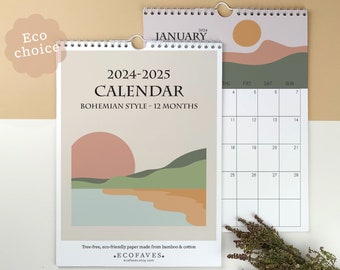 Boho Art | Bamboo and Cotton Calendar A4 | Start Any Month | FSC-Certified | Perfect for Home or Office | Recyclable and Biodegradable