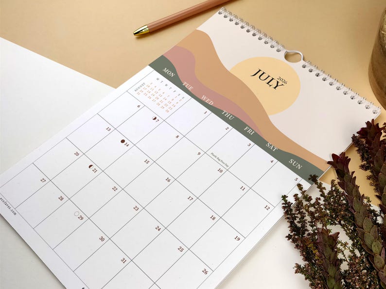 Custom Start Month 2026-2027 Wall Calendar | Boho Art Calendar | Eco-Friendly Bamboo & Cotton | A4 Planner image 2