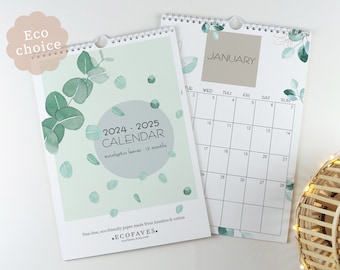 Eucalyptus Calendar Made From Bamboo & Cotton | A4 12-Month Planner for Sustainable Living | Tree-Free, Recyclable | Eco-Friendly Gift