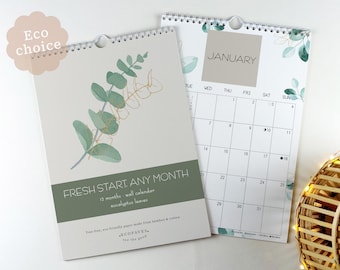 Custom Start Month 2026-2027 Wall Calendar, Eucalyptus Stationery, Eco-Friendly Bamboo & Cotton, A4, Minimalist Home Office