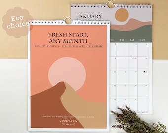 Custom Start Month 2026-2027 Wall Calendar, Boho Art Calendar, Eco-Friendly Bamboo & Cotton, Sustainable Stationery, A4