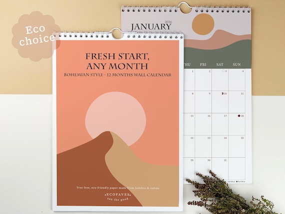 Custom Start Month 2026-2027 Wall Calendar | Boho Art Calendar | Eco-Friendly Bamboo & Cotton | A4 Planner