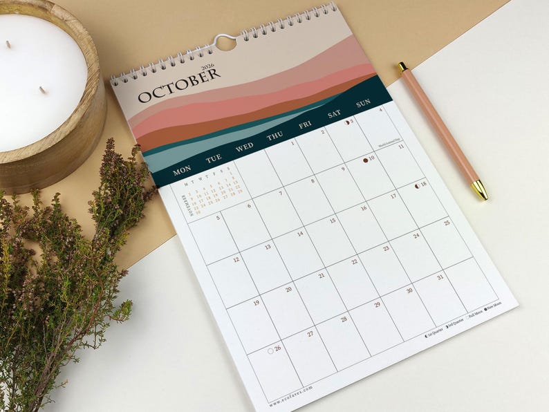 Custom Start Month 2026-2027 Wall Calendar | Boho Art Calendar | Eco-Friendly Bamboo & Cotton | A4 Planner image 4