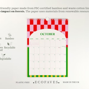 May include: A colorful wall calendar for October, featuring a red and pink checkered pattern at the top. The calendar is made of eco-friendly paper and includes the text "October". The calendar is plastic-free and made in the UK.