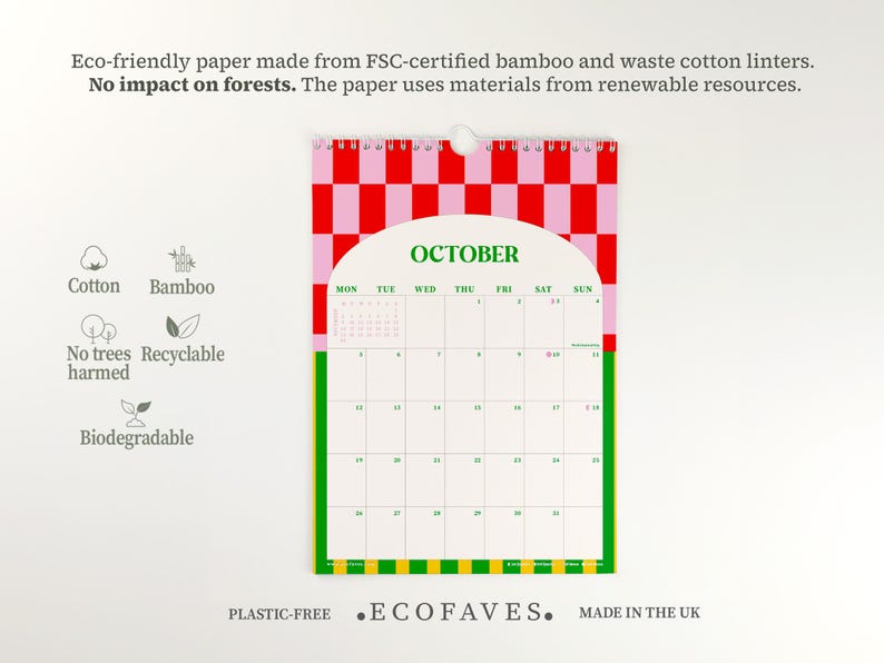 May include: A colorful wall calendar for October, featuring a red and pink checkered pattern at the top. The calendar is made of eco-friendly paper and includes the text "October". The calendar is plastic-free and made in the UK.