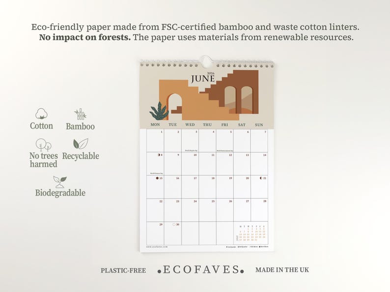 Custom Start Month 2026-2027 Wall Calendar | Boho Art Calendar | Eco-Friendly Bamboo & Cotton | A4 Planner image 7