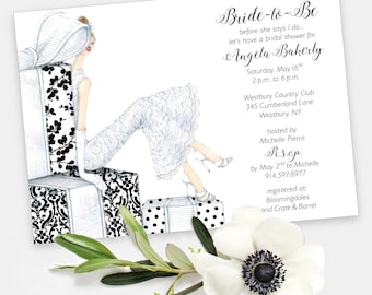 Custom Printed Modern Bridal Shower Invitation with Bride-to-Be on Stack of Gifts; Fashion Illustration Watercolor Design