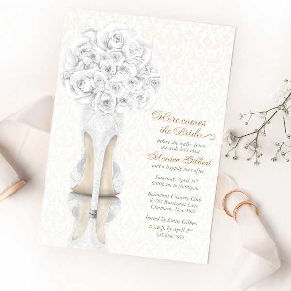 Custom Printed Modern Bridal Shower Invitation with Lace Bride Shoe and White Rose Bouquet Fashion Illustration Watercolor Design