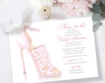 Custom Printed Elegant Modern Bridal Shower Invitation with Pink Bride-to-Be Shoe Fashion Inspired Watercolor Illustration
