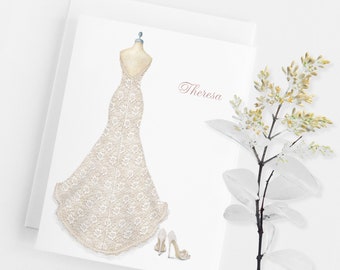 Custom Printed Bridal Shower Note Card with Bride Dressform and Shoes Fashion Inspired Watercolor Design